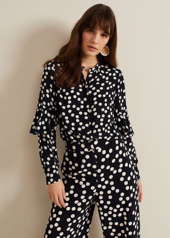 Phase Eight Peyton Polka Dot Frill Shirts Navy USA | 2746905-TV